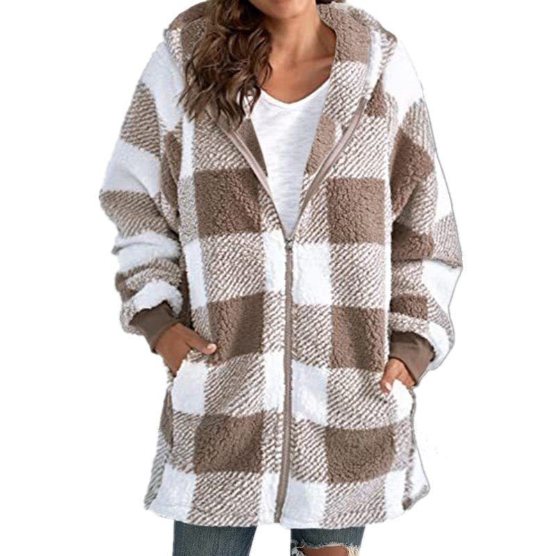 Women's Plaid Oversized Fleece Jacket - Khaki