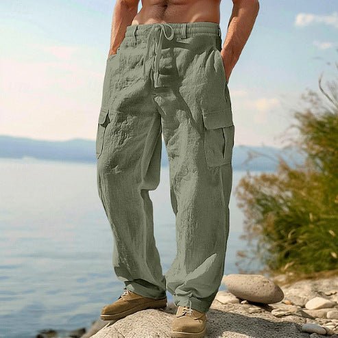 Men's Drawstring Linen Cargo Trousers - Light green