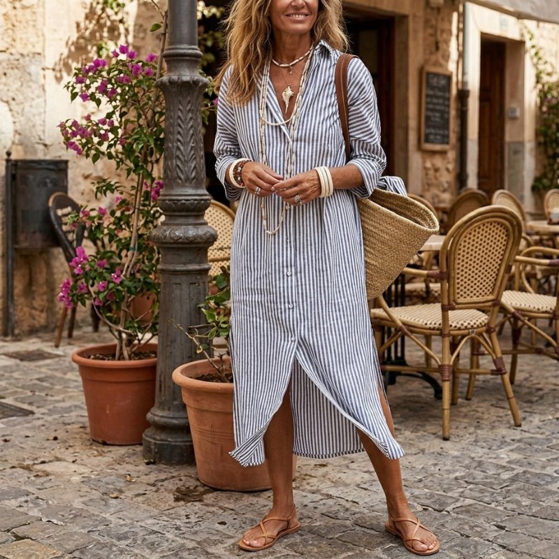 Women's Long Sleeve Striped Midi Shirt Dress - Light Grey