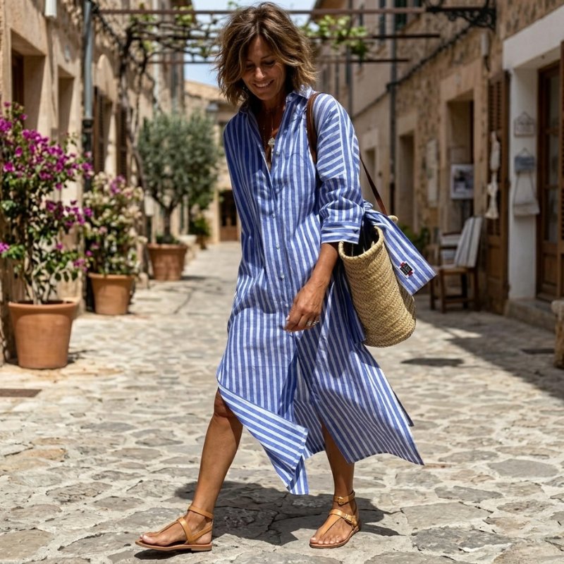 Women's Long Sleeve Striped Midi Shirt Dress