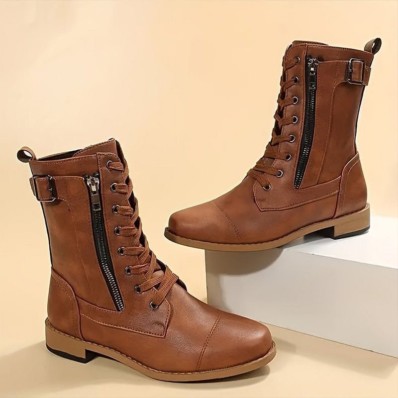 Women's Faux Leather Combat Ankle Boots - Brown