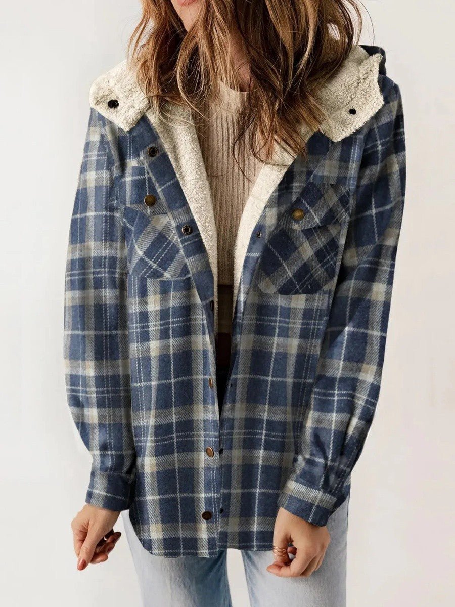 Women's Oversized Plaid Shirt Jacket - Blue