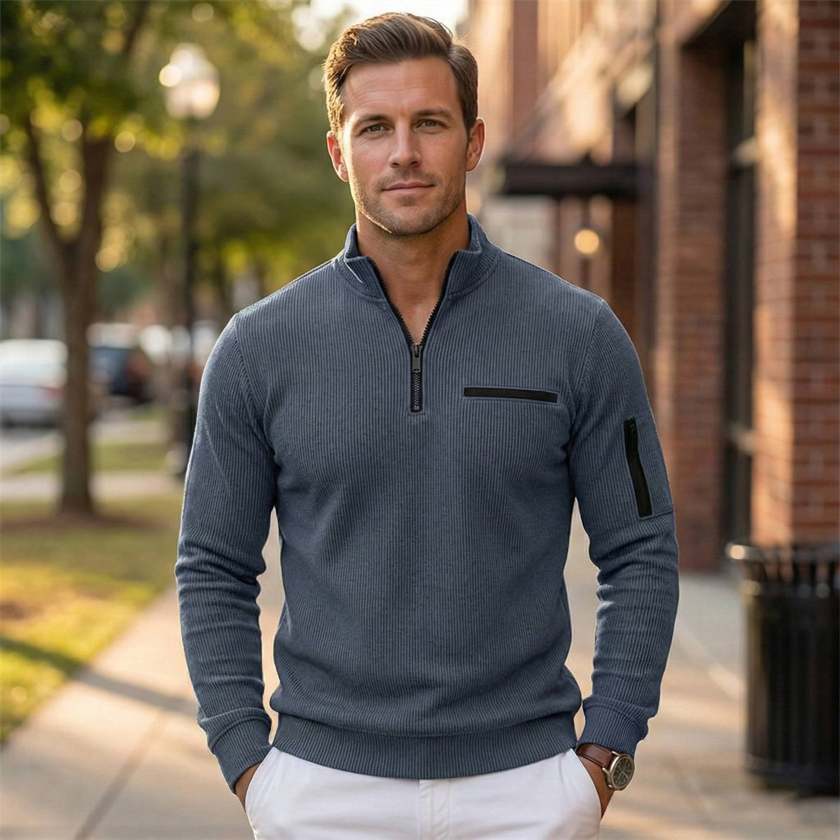 Men's Quarter-Zip Jumper Jumper - Dark Blue