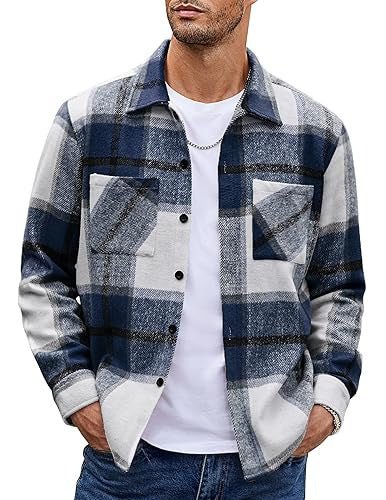 Men's Plaid Flannel Shirt Jacket - Navy Blue