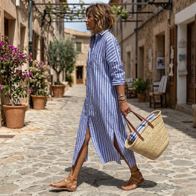 Women's Long Sleeve Striped Midi Shirt Dress