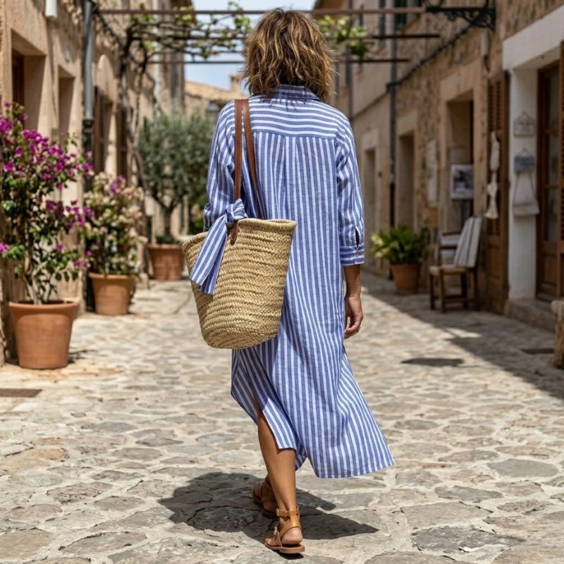 Women's Long Sleeve Striped Midi Shirt Dress