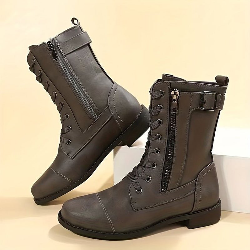 Women's Faux Leather Combat Ankle Boots - Gray