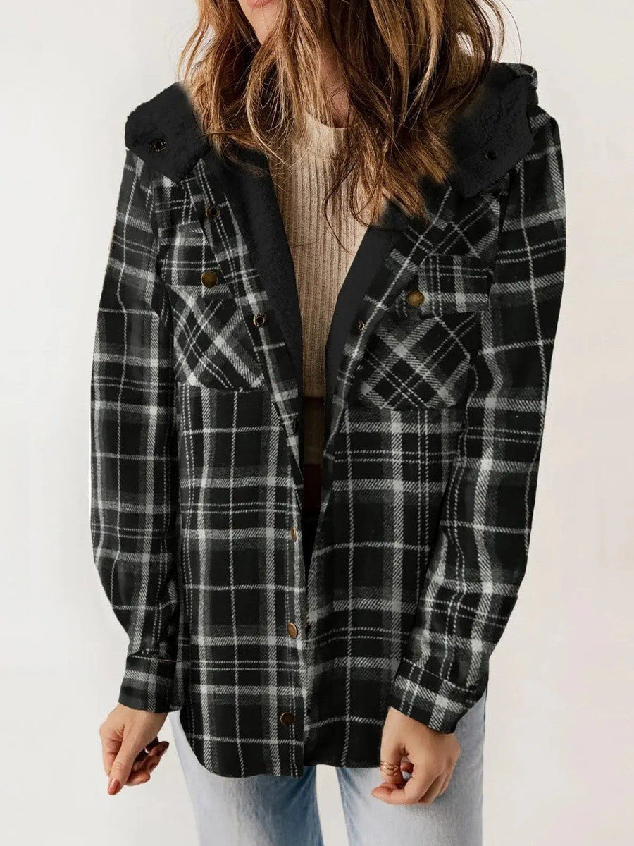 Women's Oversized Plaid Shirt Jacket - Black