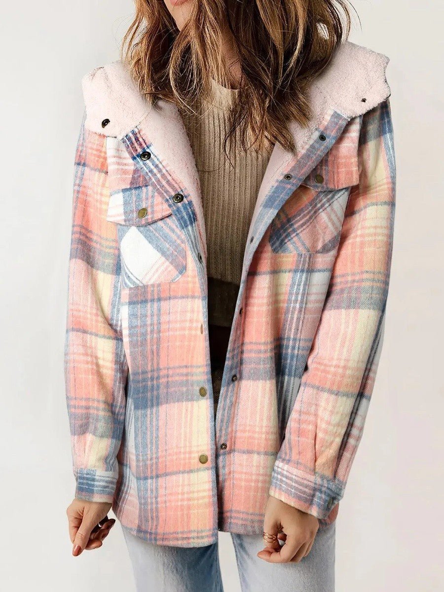 Women's Oversized Plaid Shirt Jacket - Pink