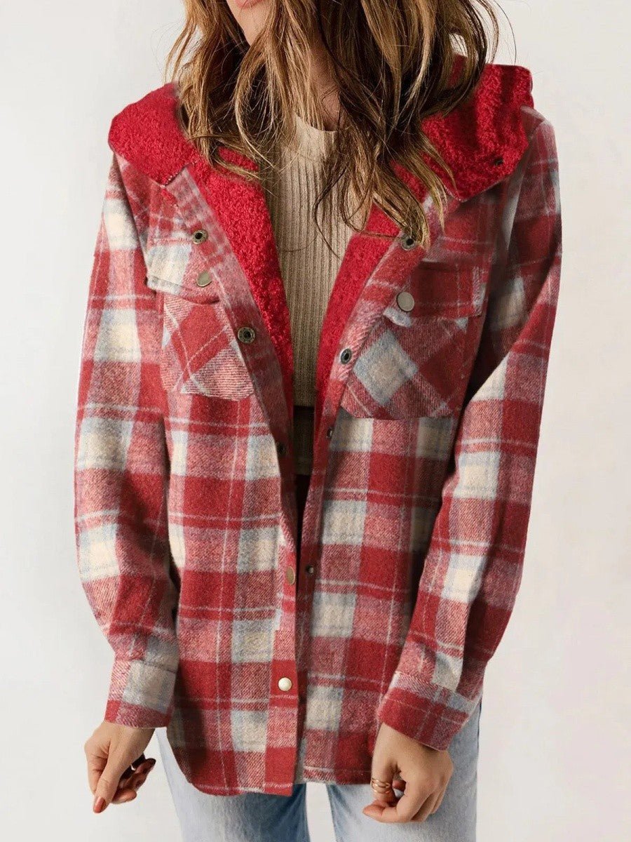 Women's Oversized Plaid Shirt Jacket - Red