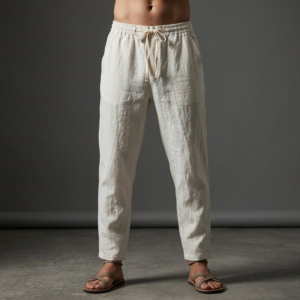 Men's Linen Drawstring Trousers - White