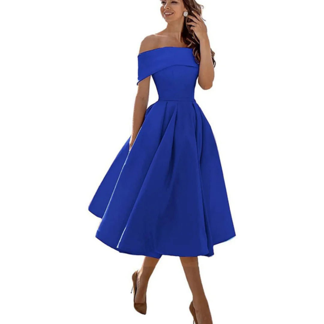 Women's Off-Shoulder Satin Midi Dress - Blue